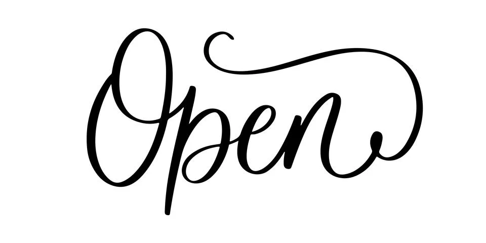 Open lettering in elegant cursive script with decorative flourish Stock Illustration