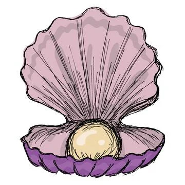 Open, lilac seashell with a beige pearl inside, isolated on a transparent 스톡 일러스트