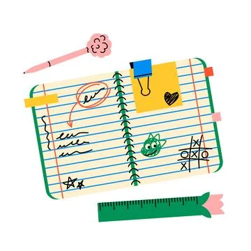 Open lined notebook with doodles and stationery Stock Illustration