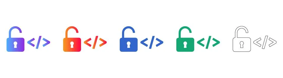 Open Lock and Code Icon Set in Gradient and Outline Stock Illustration
