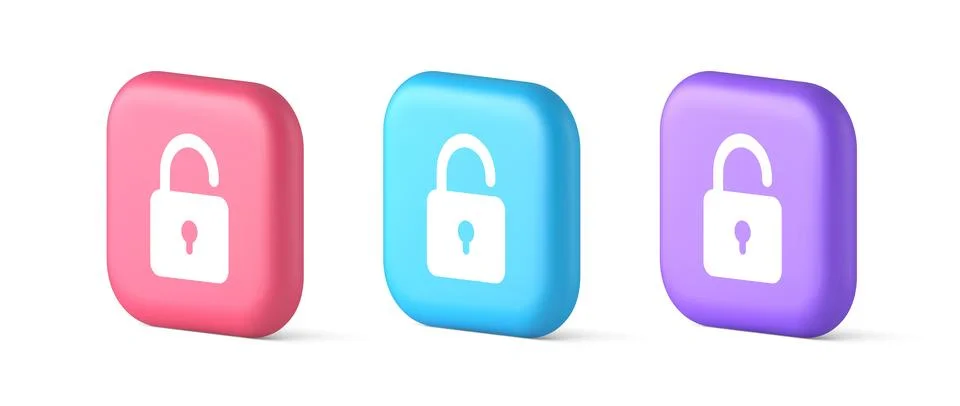 Open lock button cyberspace password security protection service 3d realistic Illustrazione stock