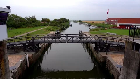 Open Lock Gate on Ribe River Canal with Harbor Building, Denmark Stock Footage 333897126