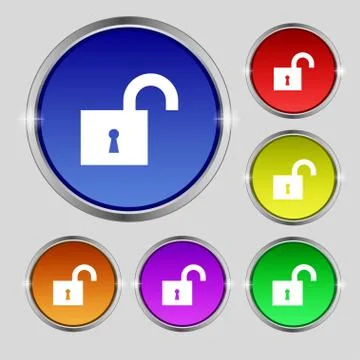 Open lock icon sign. Round symbol on bright colourful buttons. Vector Stock Illustration