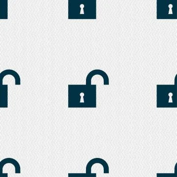 Open lock icon sign. Seamless pattern with geometric texture. Stock Illustration