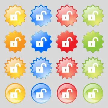 Open lock icon sign. Set from fourteen multi-colored glass buttons with place Stock Illustration