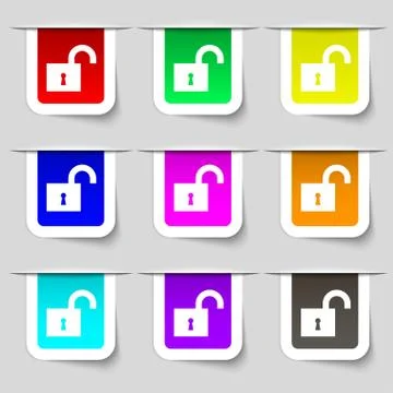 Open lock icon sign. Set of multicolored modern labels for your design. Vecto Stock Illustration