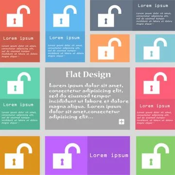 Open lock icon sign. Set of multicolored buttons with space for text. Vector Illustrazione stock