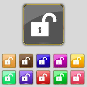 Open lock icon sign. Set with eleven colored buttons for your site. Vector Stock Illustration