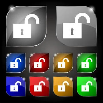 Open lock icon sign. Set of ten colorful buttons with glare. Vector Stock Illustration