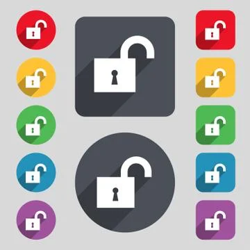 Open lock icon sign. A set of 12 colored buttons and a long shadow. Flat design. Stock Illustration