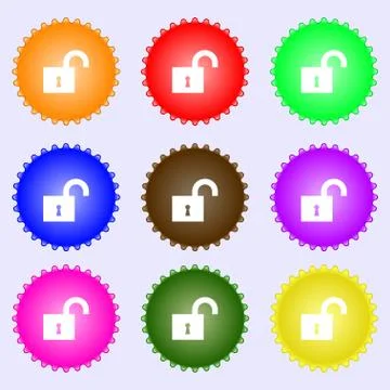 Open lock icon sign. A set of nine different colored labels. Stock Illustration