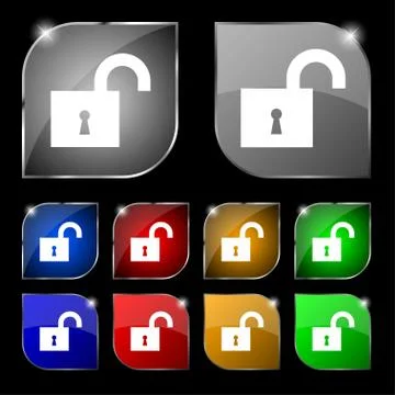 Open lock icon sign. Set of ten colorful buttons with glare. Stock Illustration