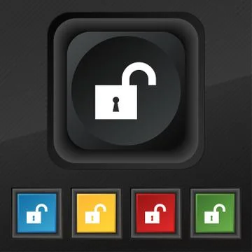 Open lock icon symbol. Set of five colorful, stylish buttons on black texture fo Stock Illustration