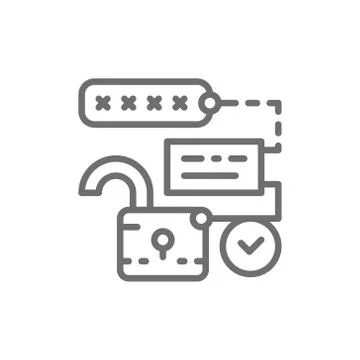 Open lock with pin code, password and unlock, cryptography line icon. Illustrazione stock