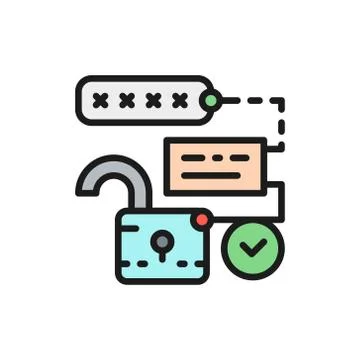 Open lock with pin code, password and unlock, cryptography flat color line icon. Stock Illustration