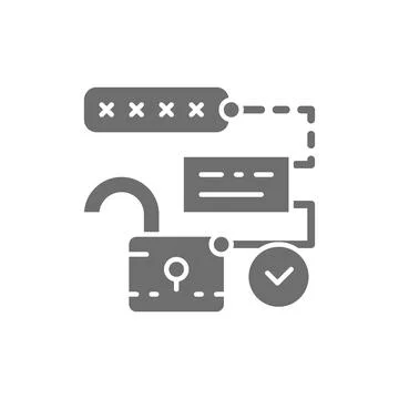 Open lock with pin code, password and unlock, cryptography grey icon. Stock-Illustration