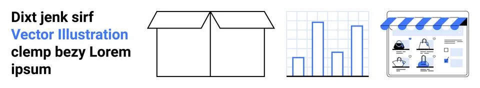 Open logistic box, bar chart, and online shop interface with blue accents. Id Stock Illustration