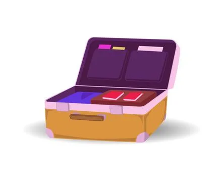 Open luggage with clothes and documents, packing baggage, suitcase. Vector Illustration
