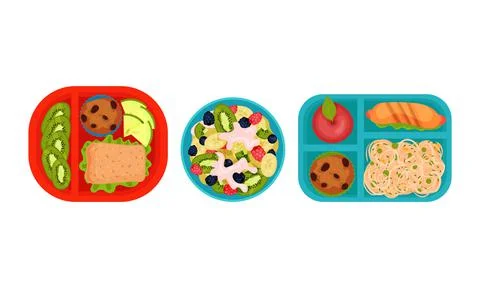 Open Lunch Box with Different Food Inside Vector Set Illustrazione stock