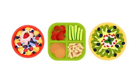 Open Lunch Box with Different Food Inside Vector Set Illustrazione stock
