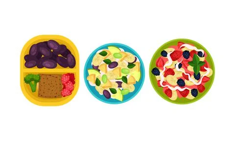 Open Lunch Box with Different Food Inside Vector Set Illustrazione stock