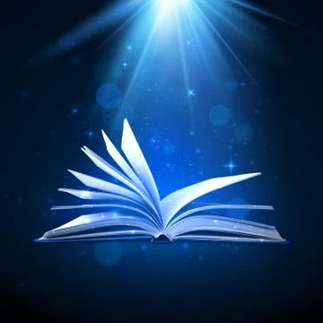 Open magic book on blue background. Fantasy light and sparkles. Vector illust Stock Illustration