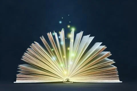 Open magic book with lights Stock Photos