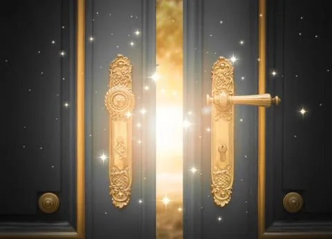 Open magic door with shining light and sparkles Stock Photos