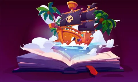 Open magic paper book with pirate ship Stock Illustration