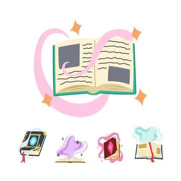 Open magic spell book with mystical glowing aura Stock-Illustration
