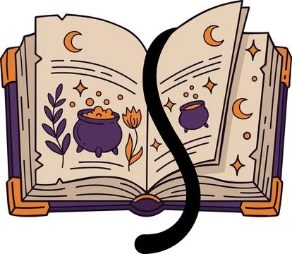 Open magic spell book with potion illustrations Stockillustratie