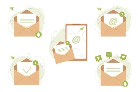 Open mail envelopes with email sign, new message, letter, check mark. Sending ad Stock Illustration