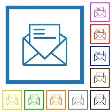 Open mail with letter outline flat framed icons 스톡 일러스트
