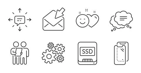Open mail, Smartphone glass and Cogwheel icons set. Text message, Ssd and Smile Illustrazione stock