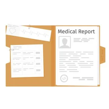 Open Manila Folder with Medical Report Document and ECG Paper Stock Illustration