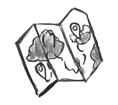 Open Map with Route. Roughly hand drawn ink. Travel Path, adventure trail Stock Illustration