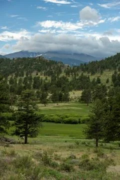 Open Meadow Below A Clouded In View Of Longs Peak Foto stock