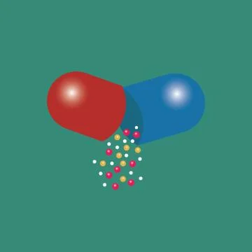 Open medical capsule with drop-down granules in vector Stock Illustration