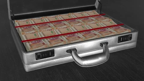 Open metal briefcase filled with neatly stacked Indian 200 rupee notes Stock Footage 325657260