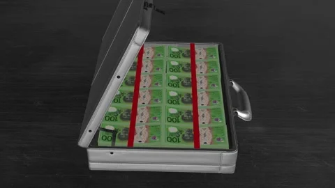 Open metal briefcase filled with stacks of Australian 100 dollar bills Stock Footage 318899269