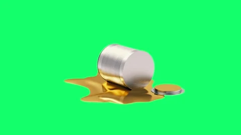 Open metal can on its side and spilling golden liquid on green screen Stock Footage 336072961