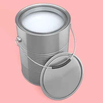 Open metal can or buckets of paint with handle on pink background. Illustration