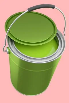 Open metal can or buckets of paint with handle on pink background. Illustration