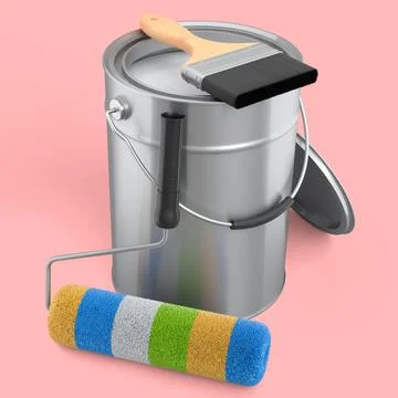 Open metal can with paint roller and bristle brush on pink background. Stock Illustration