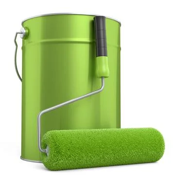Open metal can with paint roller for painting walls on white background. イラスト素材