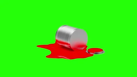 Open metal can with spilled red paint on green screen, 3D animation. Stock Footage 335596508