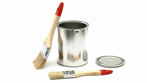 Open Metal Paint Can with New Brushes Stock Footage 70190852