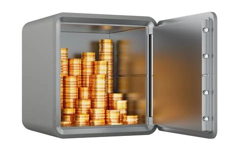 Open metal safe filled with stacks of gold coins. 3D rendering Stock Illustration