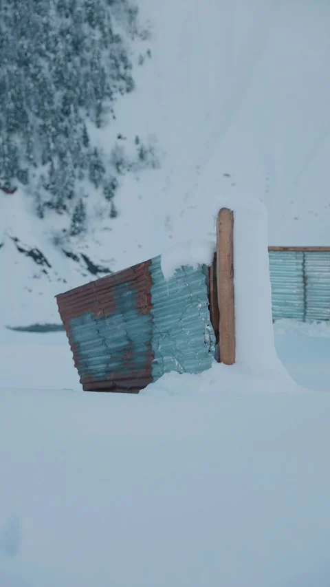 Open Metal sheet Gate Surrounded by Deep Snow, Rural Winter Entrance, Farm Life Video stock 327690118