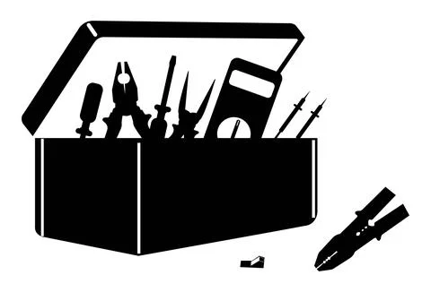 Open metal toolkit containing screwdrivers and testing probes Stock Illustration